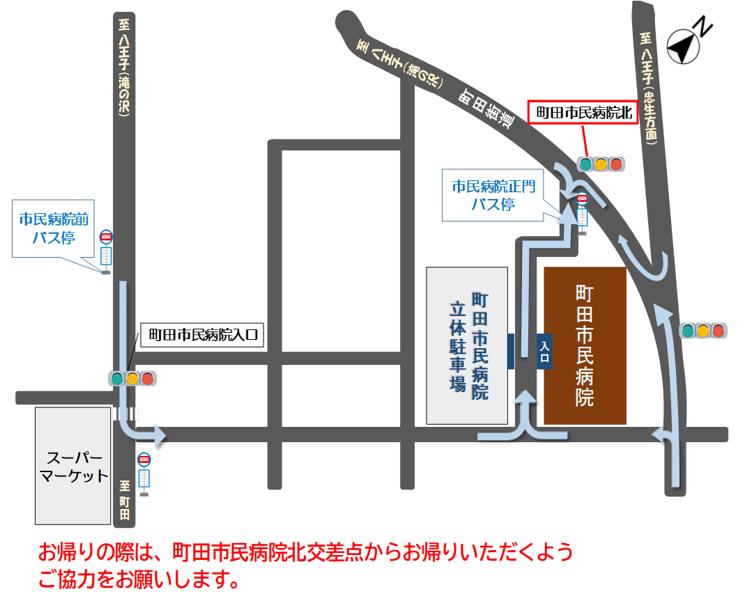 病院周辺のバス停の位置を表した地図